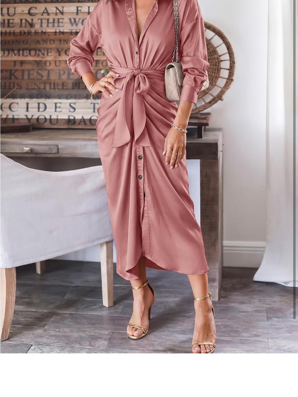 Satin Tie-Waist Shirt Dress in Dusty Rose